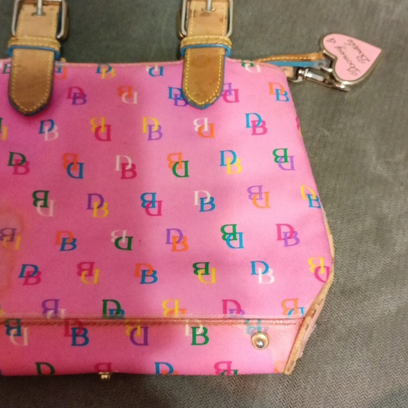 Dooney and Bourke pink multi color DB all over with tan leather handles - Picture 17 of 17